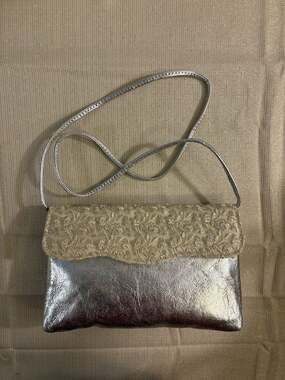Silver Metallic Crossbody Bag with Embroidered Flap